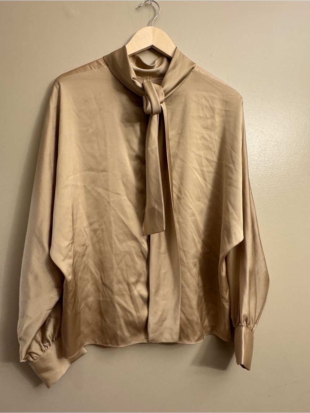 White House Black Market Satin-Look Mock Neck Blouse Neck Tie in Beige